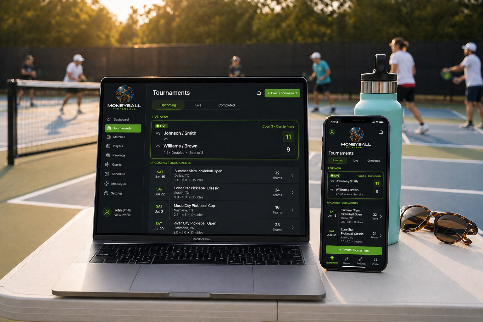 Player management on iPhone and laptop at outdoor tournament